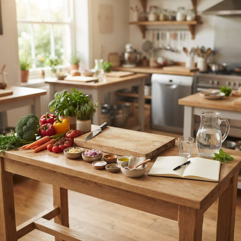 A bright kitchen bench set up for a community cooking class, with fresh vegetables, chopping boards, herbs and a notebook